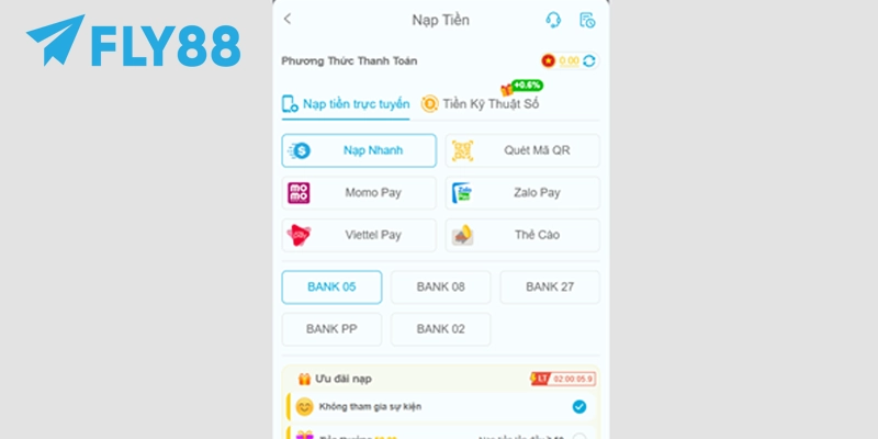 Vào trang cá nhân FLY88 và chọn phương thức nạp nhanh